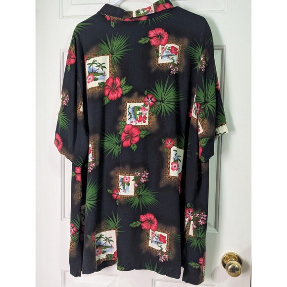 Liz & Me Hawaiian Button Shirt Womens Plus 3X Black Hibiscus Tropical Fiji Palm - Picture 3 of 5